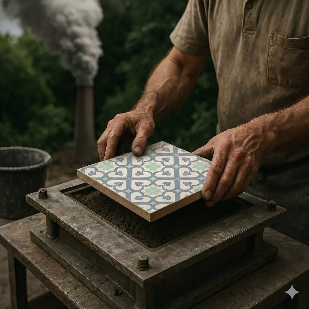 Artesano retirando del molde una baldosa hidráulica recién prensada con dibujo geométrico azul y verde sobre fondo crema