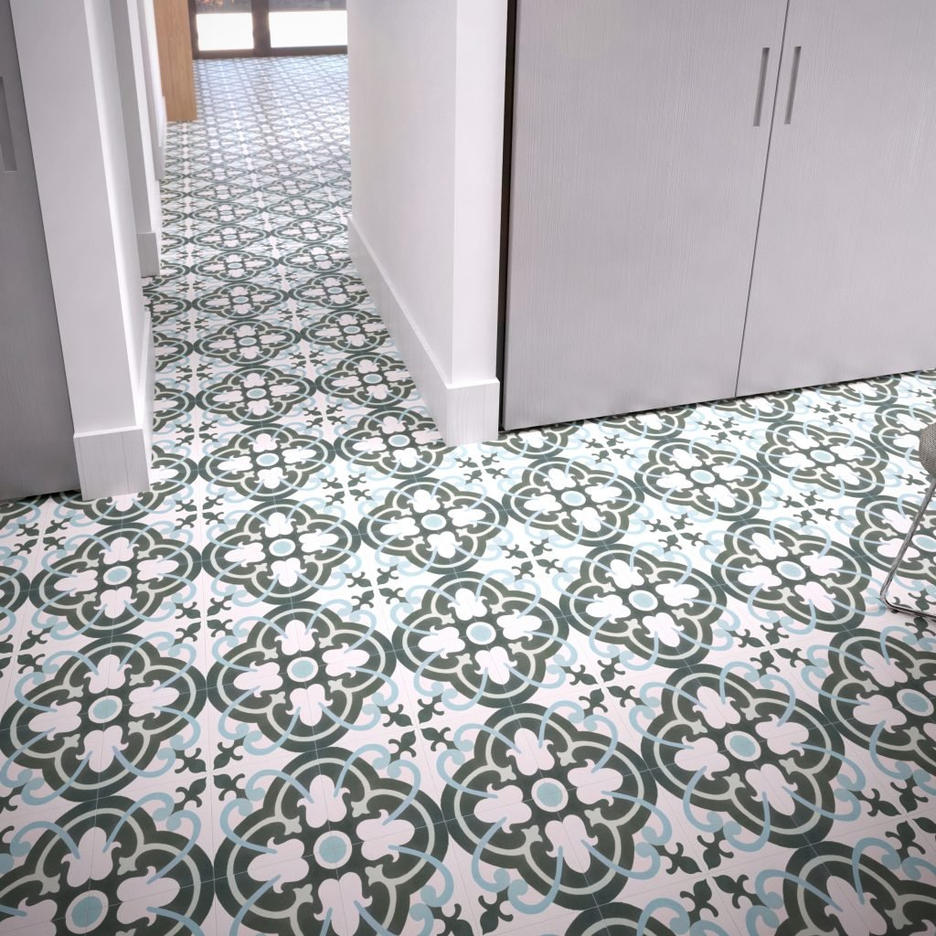 Baldosa hidráulica modelo 252 de Demosaica, diseño geométrico apto para encimeras de mueble de baño