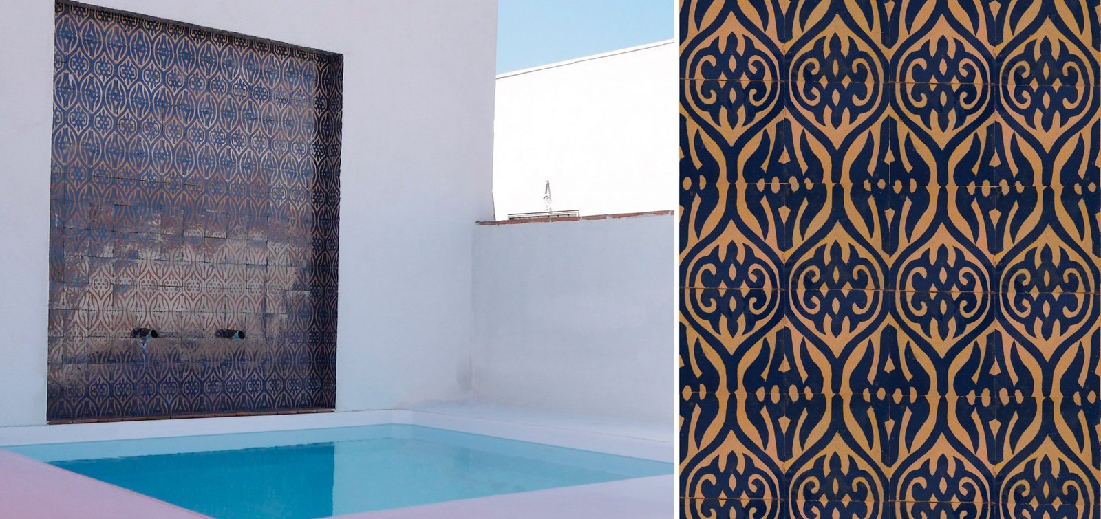 Paño de zellige tallado en azul sobre terracota junto a una piscina y detalle del dibujo tallado a mano