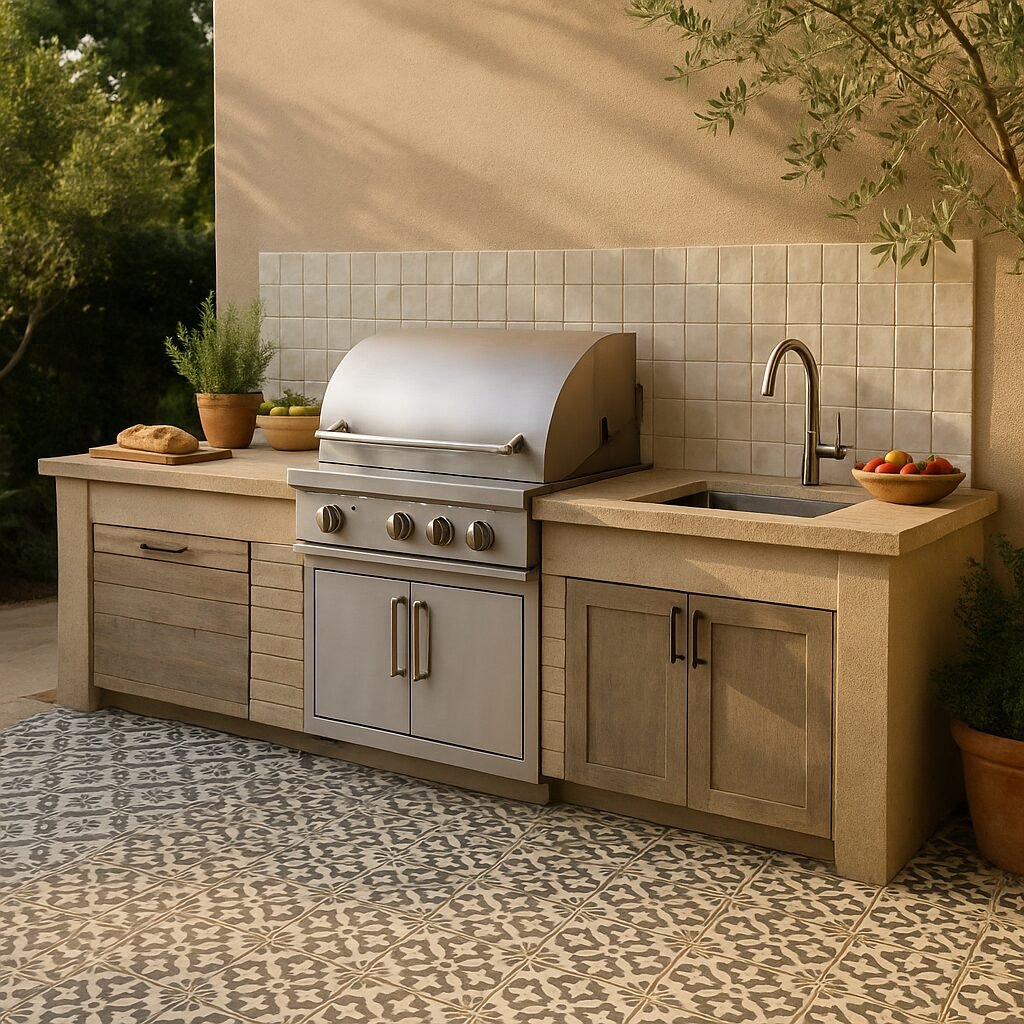 Cocina exterior con suelo de baldosa hidráulica en gris y crudo, mueble de obra con barbacoa y frente alicatado en tono arena