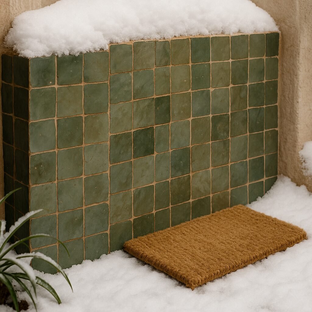 Poyete exterior revestido de zellige verde cubierto de nieve, junto a un felpudo, en un clima con heladas