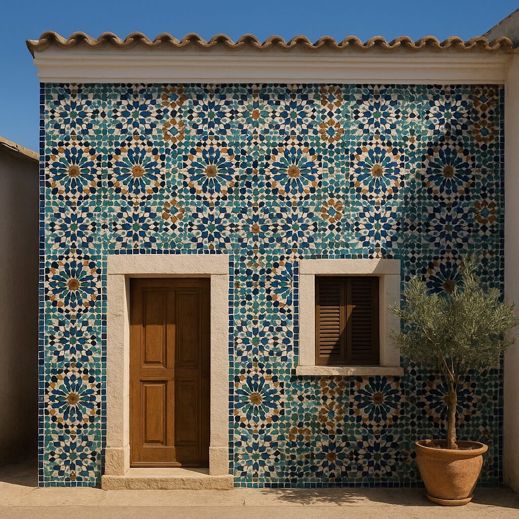Zellige en exteriores: dónde funciona, dónde no y cómo colocarlo 4 Fachada revestida con mosaico de zellige en tonos azules, verdes y ocres junto a una puerta de madera