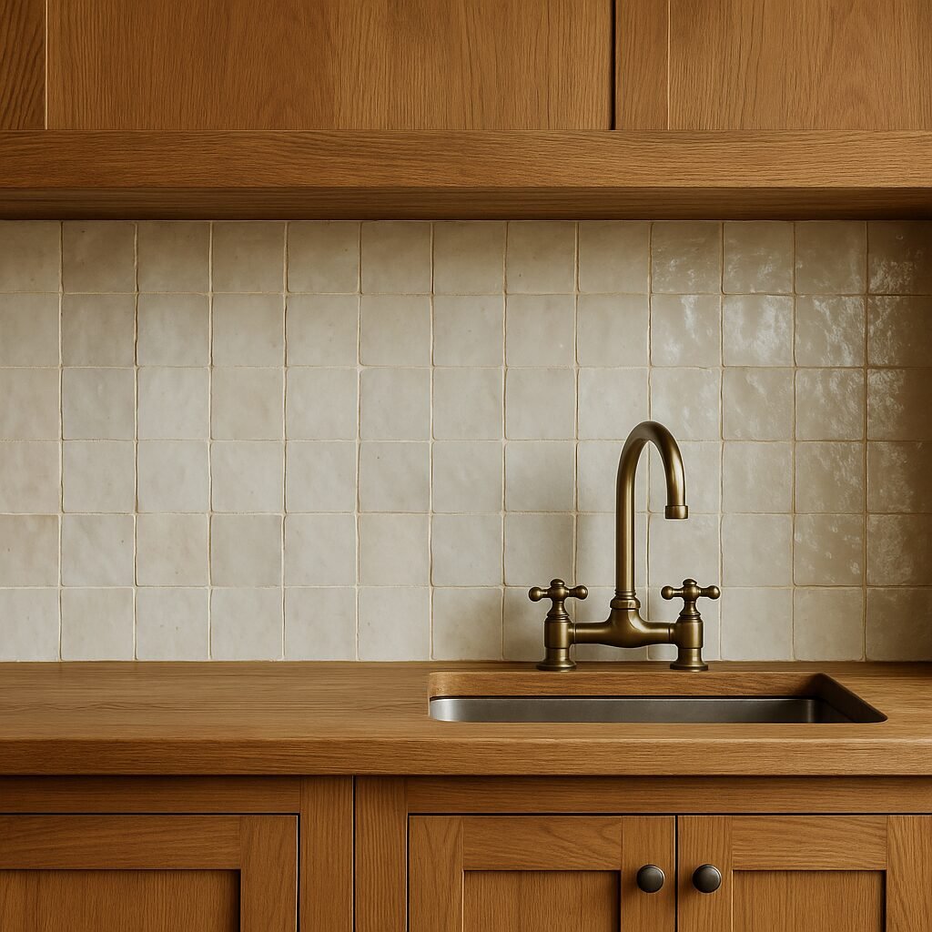 Interior con revestimiento de zellige combinado con madera natural