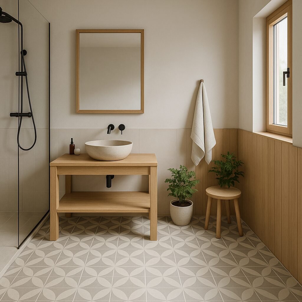 Baño de estilo Japandi con suelo hidráulico de dibujo geométrico en beige y gris, mueble de madera clara y lavabo sobre encimera