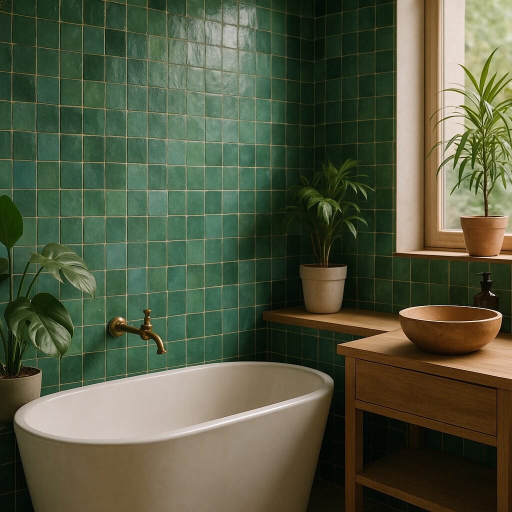 Zellige en tonos naturales combinado con materiales cálidos en un interior