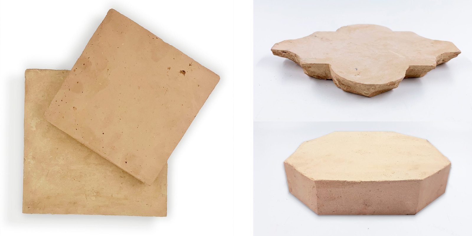 Piezas sueltas de barro cocido artesanal: baldosa cuadrada, pieza octogonal y pieza recortada en forma de flor