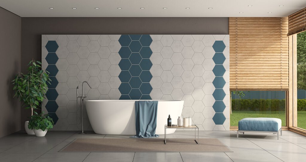 minimalist bathroom with bathtub hexagonal tiles wall 3d rendering