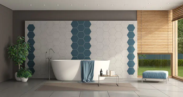 Blog Demosaica 43 minimalist bathroom with bathtub hexagonal tiles wall 3d rendering